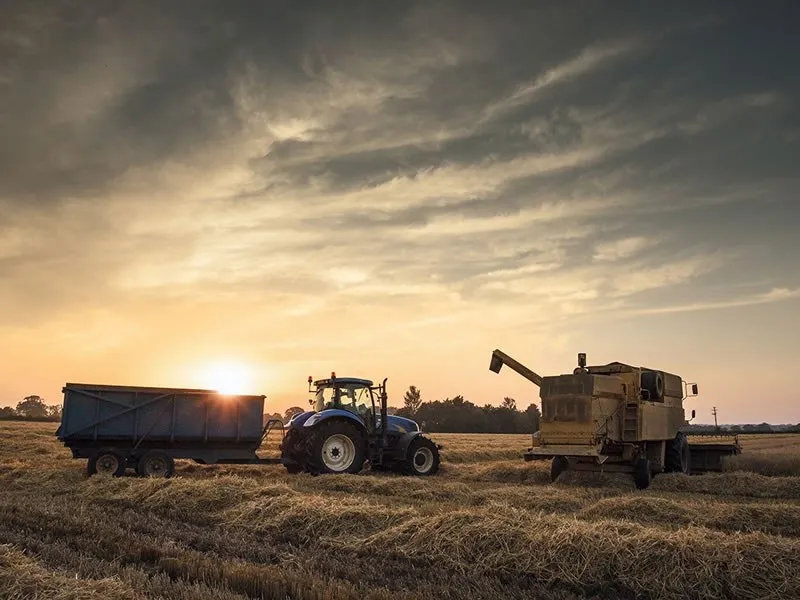 Tractor and combine harvester at sunset on a farm