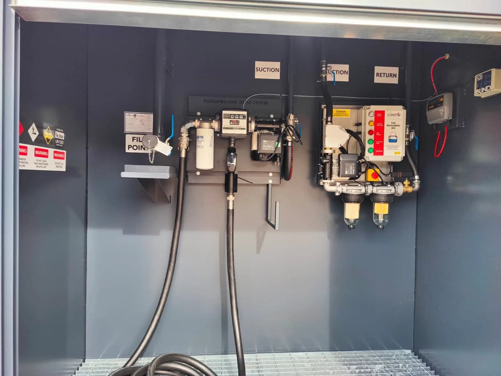 Inside the Netwise tank cabinet: 70LPM Piusi pump, K33 flow meter and fuel recirculation unit