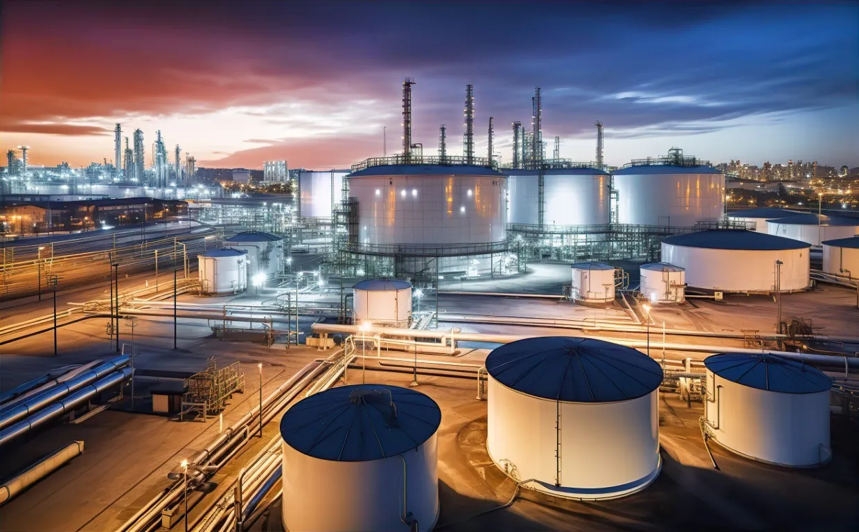 Oil and power fuel storage facility at dusk