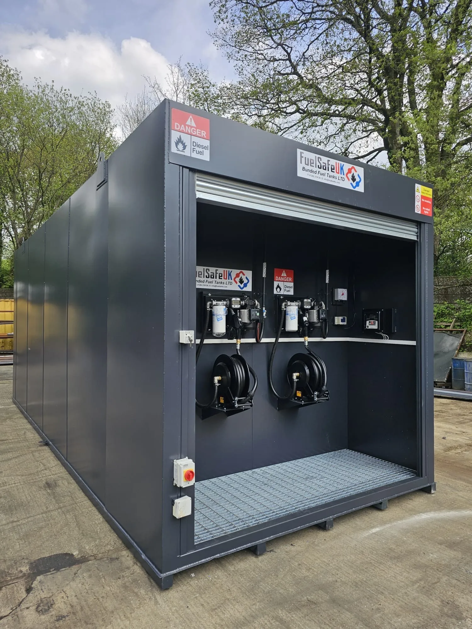 Steel bunded fuel tank with twin pump dispenser cabinet